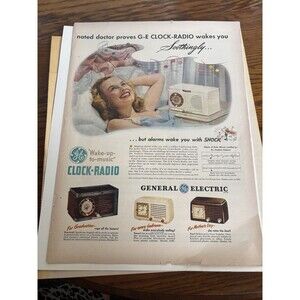 VTG 1948 Orig Magazine Ad GE General Electric Clock Radio Wakes You Soothingly